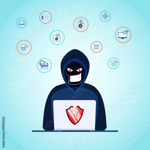 Thief. Hacker stealing sensitive data as passwords from a personal computer useful for anti phishing and internet viruses campaigns. concept hacking internet social network.