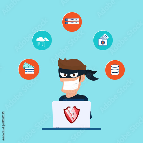 Thief. Hacker stealing sensitive data as passwords from a personal computer useful for anti phishing and internet viruses campaigns. concept hacking internet social network.