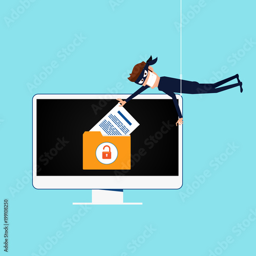 Thief. Hacker stealing sensitive data as passwords from a personal computer useful for anti phishing and internet viruses campaigns. concept hacking internet social network.
