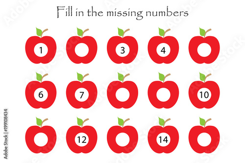 Game with apples for children, fill in the missing numbers, easy level, education game for kids, school worksheet activity, task for the development of logical thinking, vector illustration