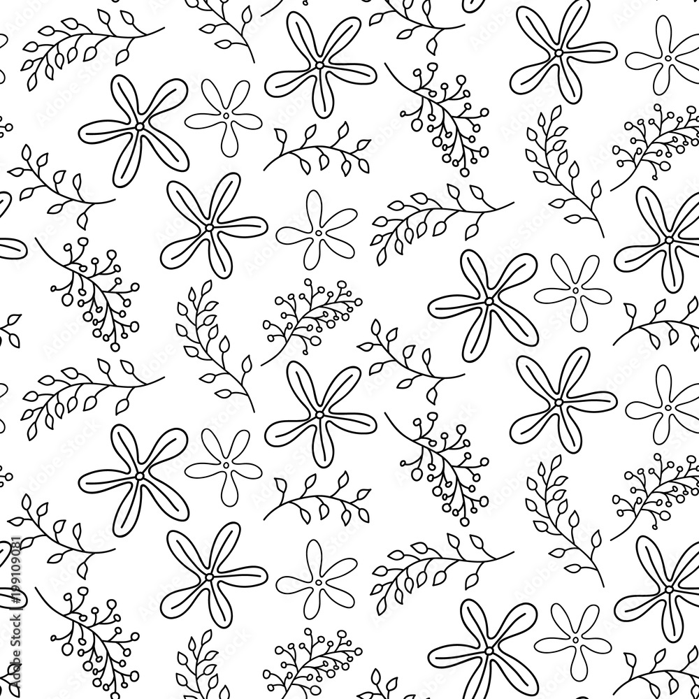 Seamless pattern with hand drawn flowers, black and white floral texture, vector illustration. Seamless pattern with hand drawn flowers, black and white floral texture, vector illustration.