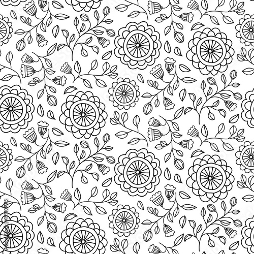 Seamless pattern with hand drawn flowers, black and white floral texture, vector illustration.