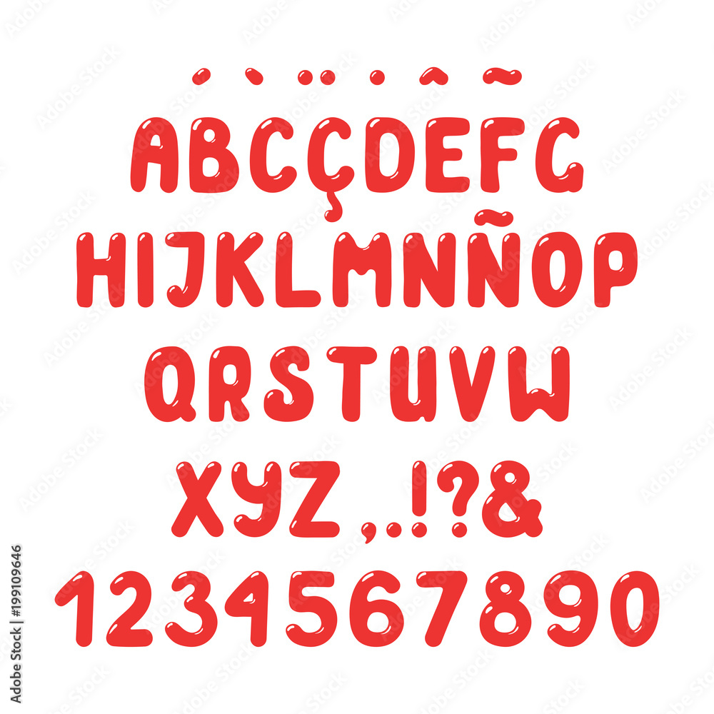 Hand drawn cute roman alphabet with numbers, punctuation marks, diacritics for Spanish, Italian, Portuguese, French. Make your own lettering. Isolated letters on white background. Vector illustration.