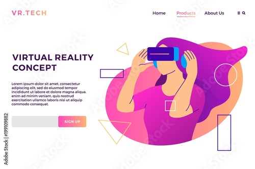 virtual reality concept VR girl augmented glasses landing page vector flat illustration background
