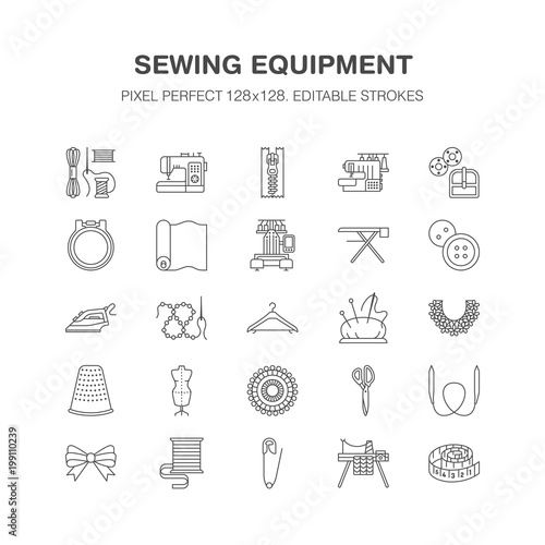 Sewing equipment, tailor supplies flat line icons set. Needlework accessories - sewing embroidery machine, pin, needle, thread, zipper, hanger and other DIY tools. Pixel perfect 128x128.