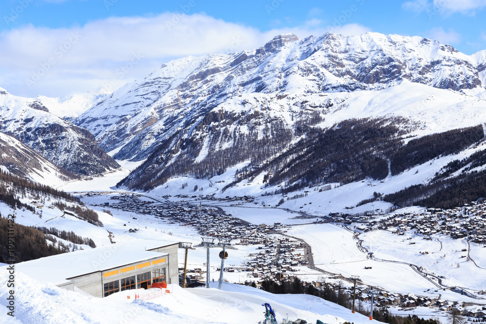 Livigno in Italian Alps during winter. Ski resort Carosello 3000