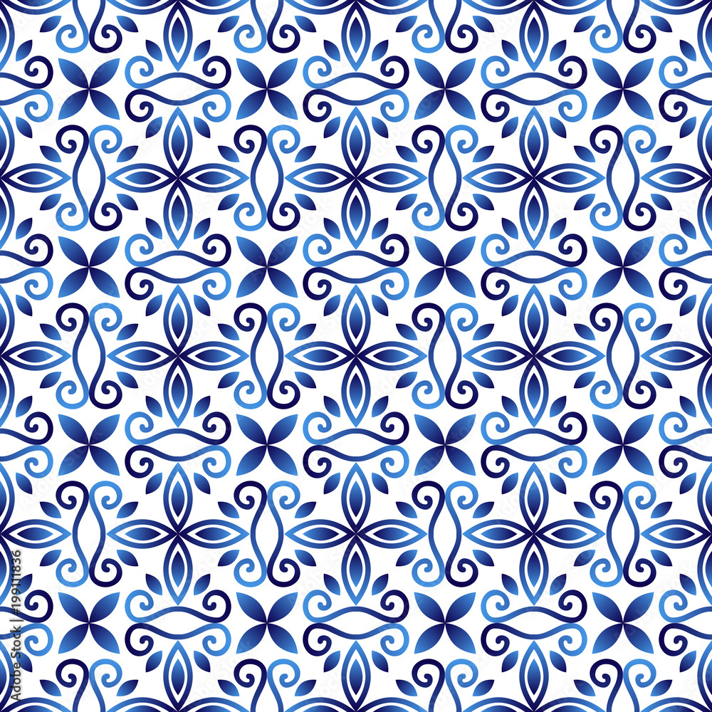 Ceramic tile pattern. Islamic, indian, arabic motifs. Damask seamless pattern. Porcelain ethnic bohemian background.