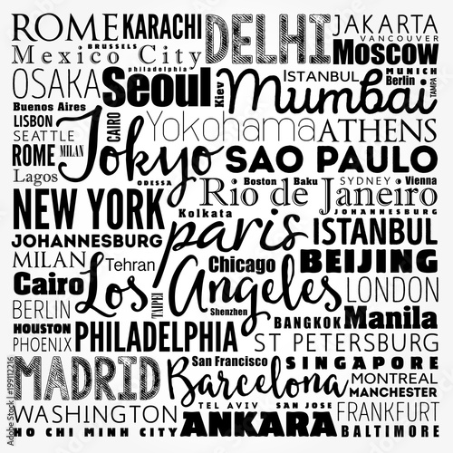The largest cities in the world word cloud collage, travel destinations concept background