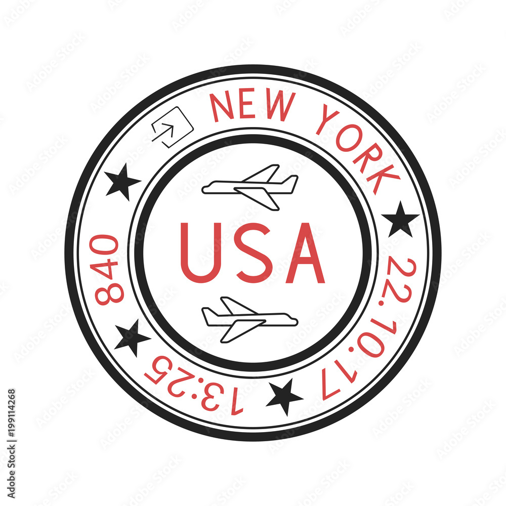USA round travel stamp for passport. Red and black New York ink stamp