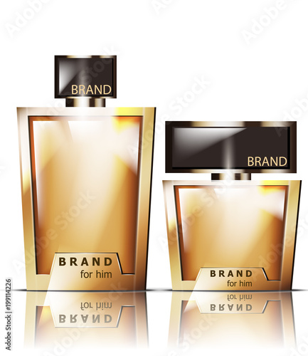 Golden perfume bottles Vector. Product packaging realistic detailed 3d illustration. Luxury fragrances