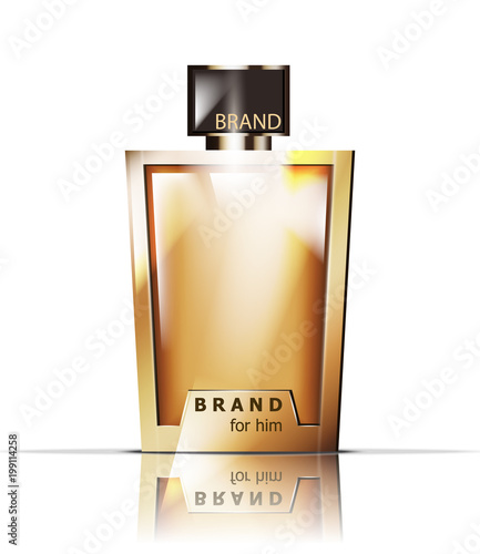 Golden perfume bottle Vector. Product packaging realistic detailed 3d illustration. Luxury fragrances