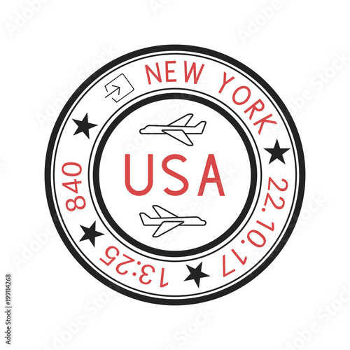 USA round travel stamp for passport. Red and black New York ink stamp