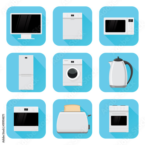 Home appliances in flat design. Blue square icons set