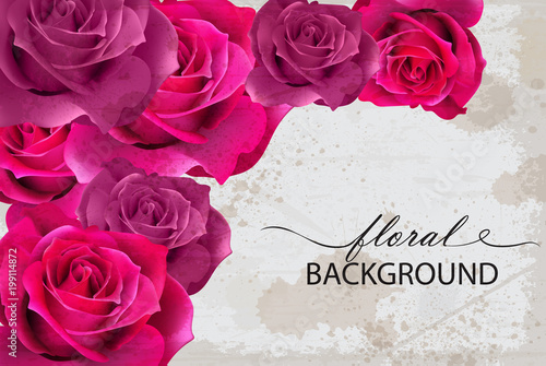 Vector floral background card with Fuchsia roses. 3d realistic floral designs