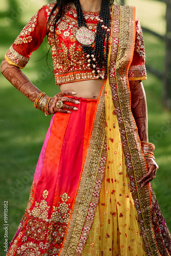 Dreamy Indian bride poses on the green lawn