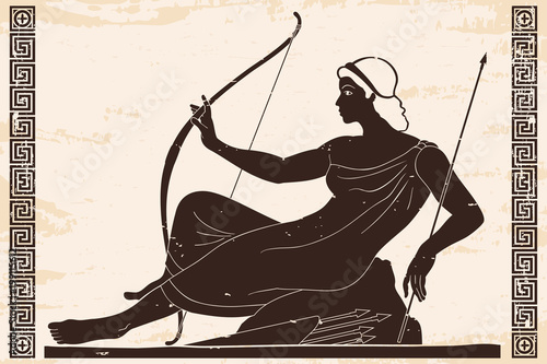 Ancient Greek goddess Artemis with a bow and arrows is in the tunic. Drawing on a beige paryrus with the aging effect.