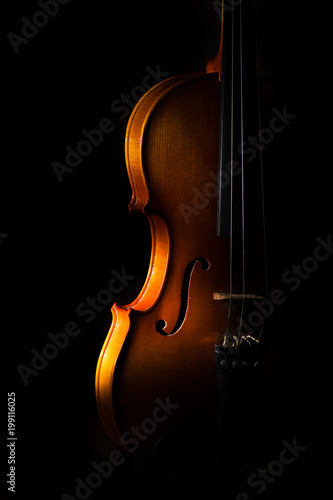 Violin detail on a black background between light or shadows