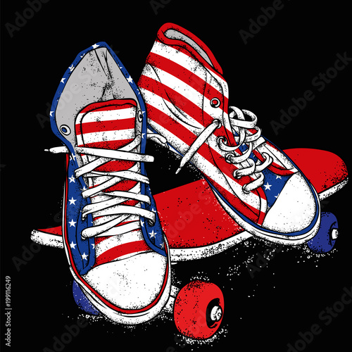 Stylish sneakers and jeans. Vector illustration. Street shoes. A picture for a postcard or a poster, a print on clothes.