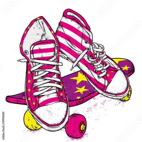 Stylish sneakers and jeans. Vector illustration. Street shoes. A picture for a postcard or a poster, a print on clothes.