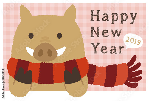 年賀状2019　マフラーを巻いたイノシシ