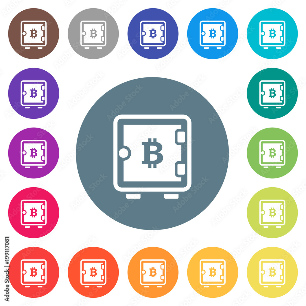 Bitcoin strong box flat white icons on round color backgrounds