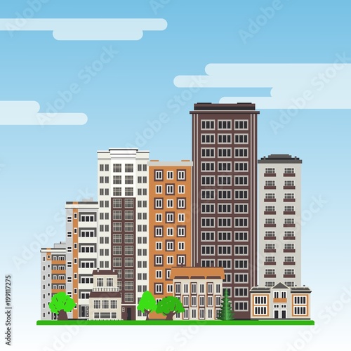 City line with multistorey apartment houses and office buildings with windows and balconies, green trees and lawn on blue sky background in flat style. Colorful cityscape. Vector illustration.