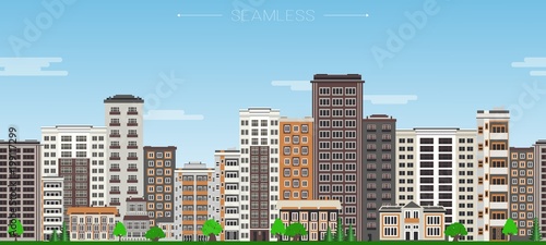 City skyline seamless border pattern with high-rise apartment houses and municipal buildings, green trees on blue sky background with clouds in flat style. Colorful cityscape. Vector illustration.