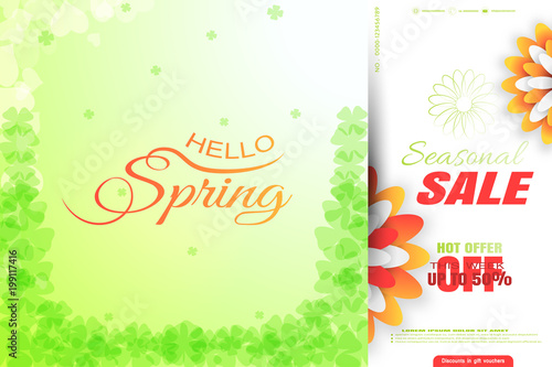 Vector promotional poster of Spring Seasonal Sale on the gradient green background with white liefs, glow and flowers.