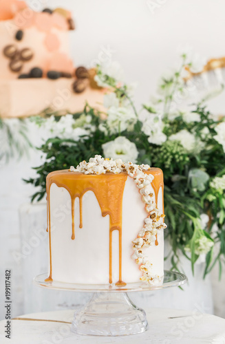 Cake with popcorn topping