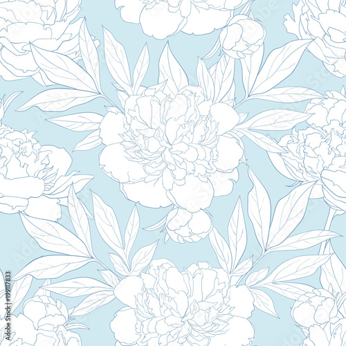 Peony seamless pattern in white and blue colors. Tender hand drawn floral background with blossoms and leaves. Romantic vintage backdrop with gentle flowers. Vector illustration.