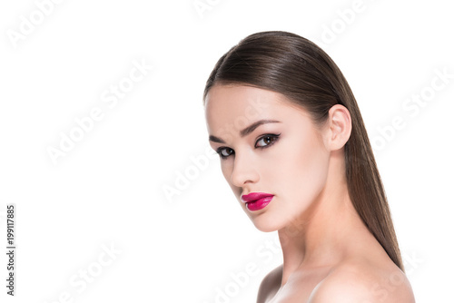 sensual young woman looking at camera isolated on white