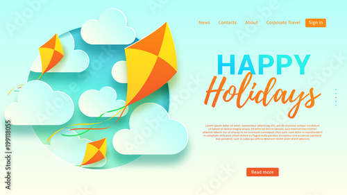 Happy holidays web banner template. Beautiful background with clouds and kites in paper art style. Vector illustration for design of tourist company.
