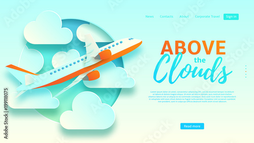 Above the clouds web banner template. Beautiful background with clouds and plane in paper art style. Vector illustration for design of tourist company.