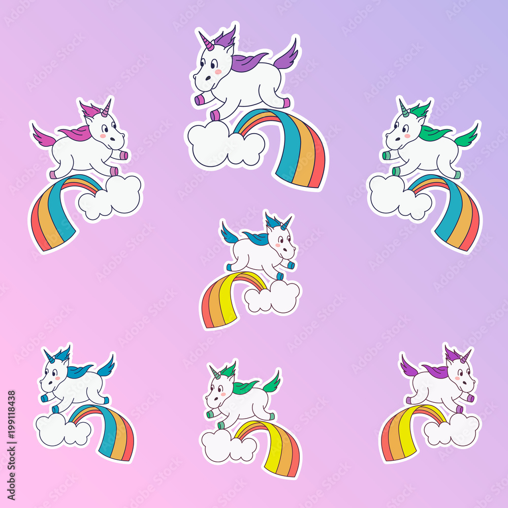 Magic unicorn patches. Trendy different colors unicorn stickers. Unicorn jumping through the rainbow. Teenage set.Vector illustration.