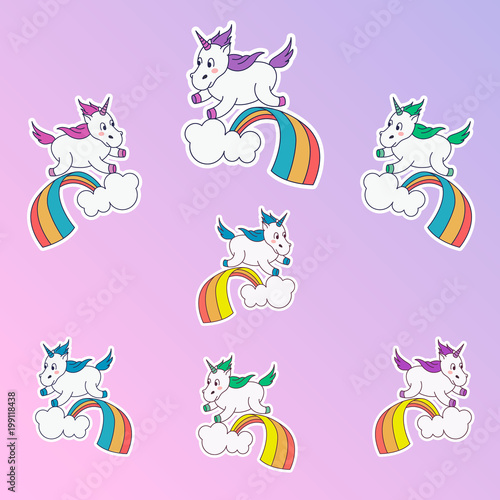 Magic unicorn patches. Trendy different colors unicorn stickers. Unicorn jumping through the rainbow. Teenage set.Vector illustration.