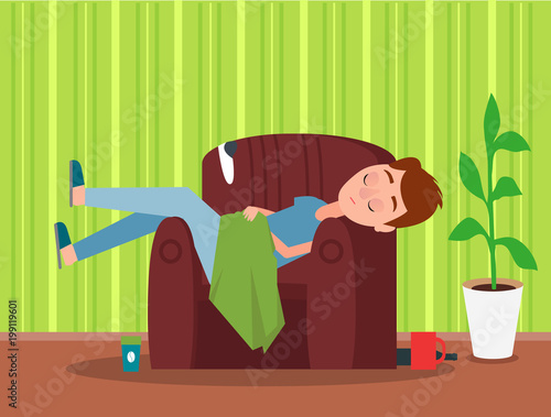 Sleaping in Brown Armchair Man Colorful Poster