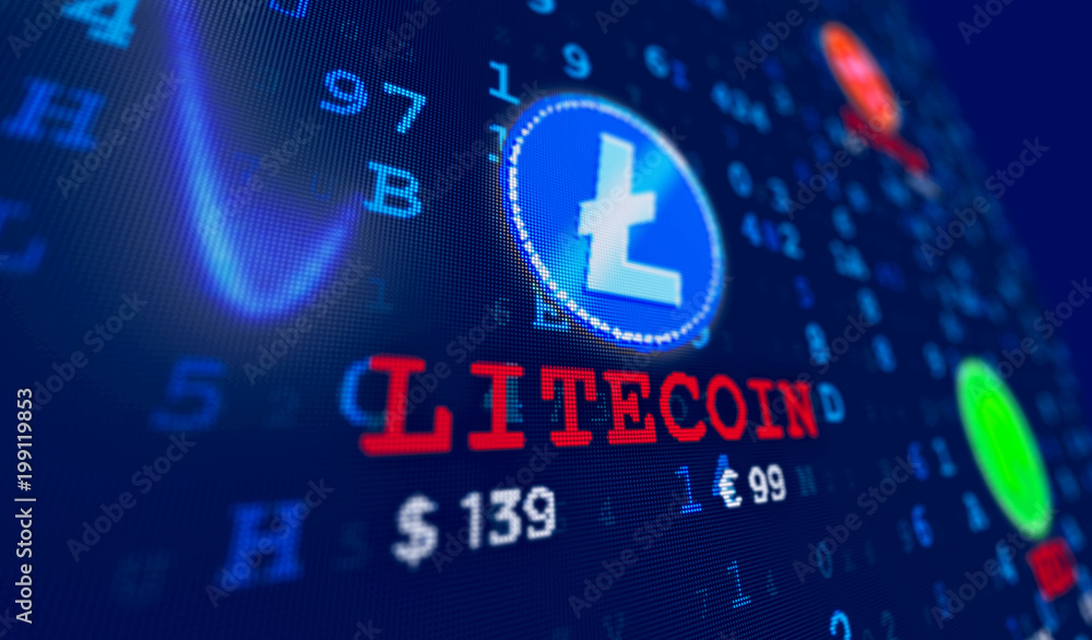 Litecoin currency in screen stylized graphic. Cryptocurrency coin and pixel name on digital numbers background.