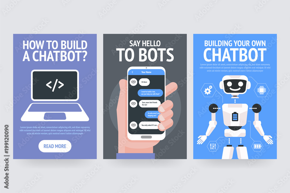 Building your Own chatbot. Say hello to bots. How to build a chatbot? Vector posters Building your Own chatbot. Say hello to bots. How to build a chatbot? Vector posters