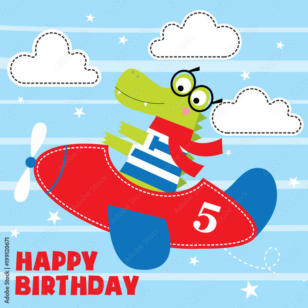 Fototapeta premium cute crocodile flying with airplane vector illustration