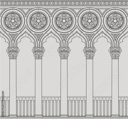 Linear vector illustration of the Venetian colonnade. Antique order and gothic