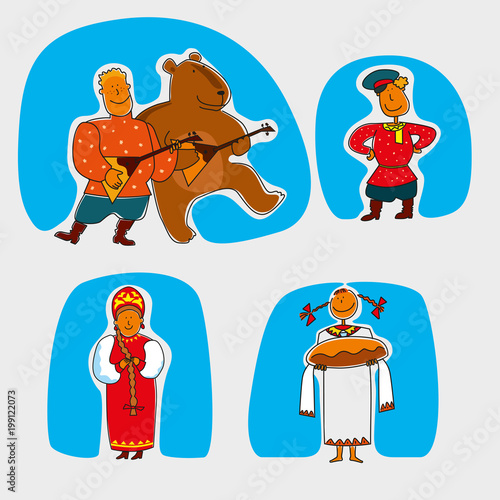 Funny characters in national Russian costumes. A guy with a balalaika and a funny bear, Russian beauties