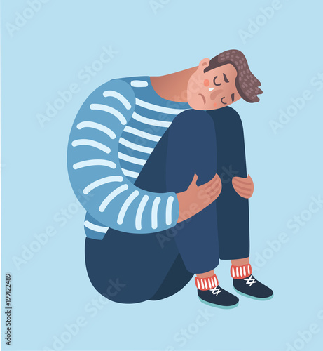 Despaired man hug his knee and cry when sitting alone on the floor at corner of the room