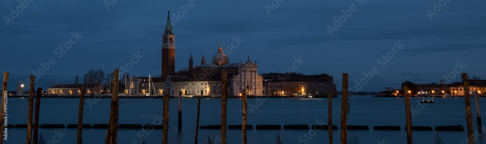 Panoramic photograph taken at dusk from San Marco, of the island of San Giorgio in the Venice lagoon