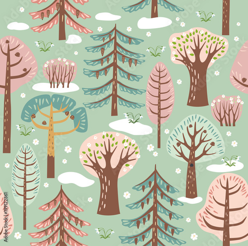 Forest, trees. Seamless background. Spring. Vector graphics. Seamless Pattern