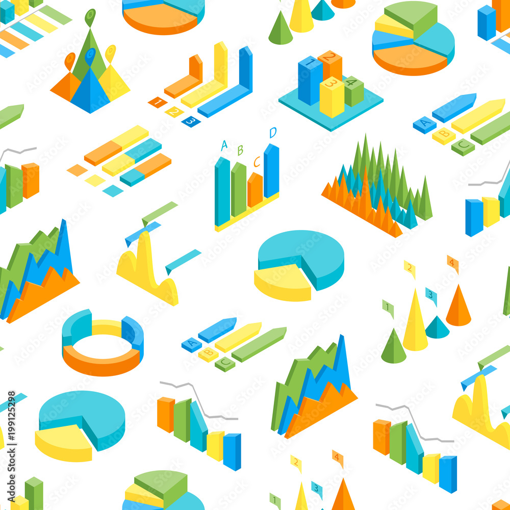 Charts and Graphs Seamless Pattern Background 3d Isometric View. Vector