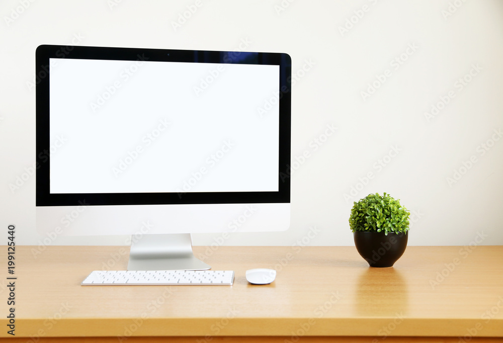mock up front view blank screen Computer Desktop PC. for business on work  table Photos | Adobe Stock