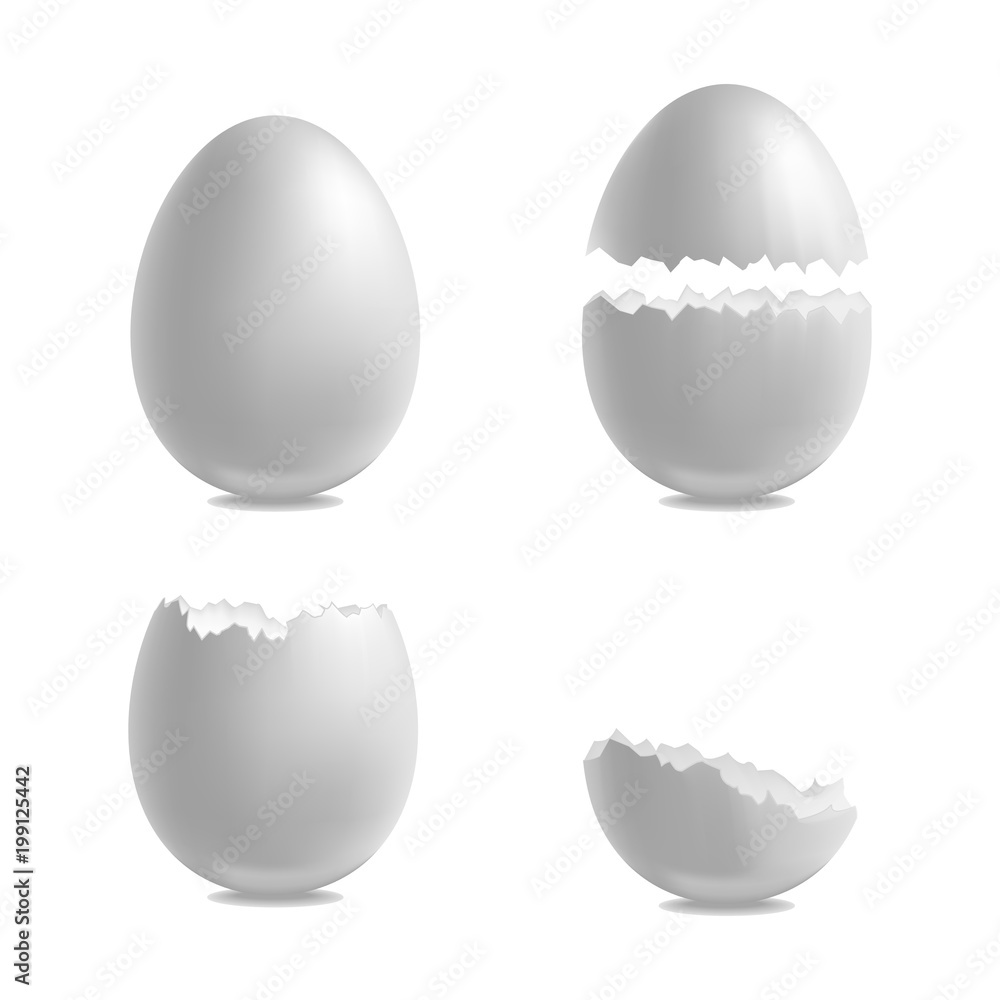 Realistic 3d Detailed White Closeup Shell Eggs Set. Vector