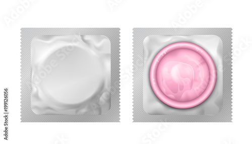 Realistic vector pink latex condoms in close up packing on white background. Contraceptive birth control and safe sex method.