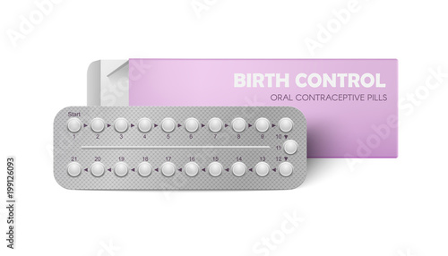 Realistic vector female oral contraceptive pills blister with clipping path and opened packing on white background. Women contraceptive hormonal birth control pills. Planning pregnancy concept.