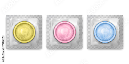 Realistic vector pink, yellow, blue latex condoms in packing on white background. Contraceptive birth control and safe sex method.